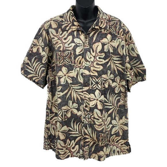 Bishop St Mens Aloha Button Up Short Sleeve Shirt XL Black Brown Floral Hawaii - Picture 1 of 7